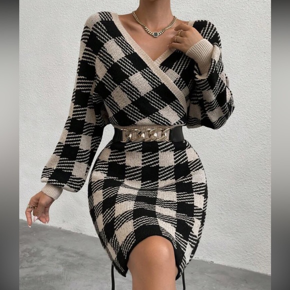 Classic Elegant Plaid Pattern Surplice Neck Sweater Dress Without Belt - Picture 6 of 6